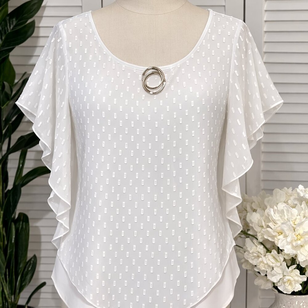 NAIF White & Gold Sheer Blouse w/ Ring Detail – Size XL – Elegant Flutter sleeve